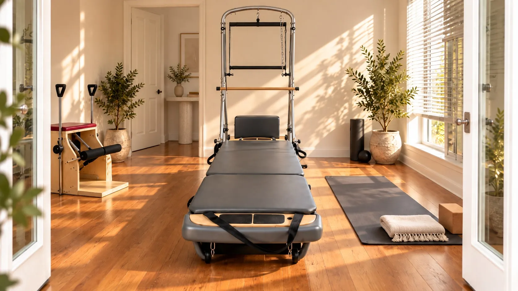 The whole studio seen through the open French doors: reformer and tower in the middle of the room, the chair to the left, plants and windows all around.